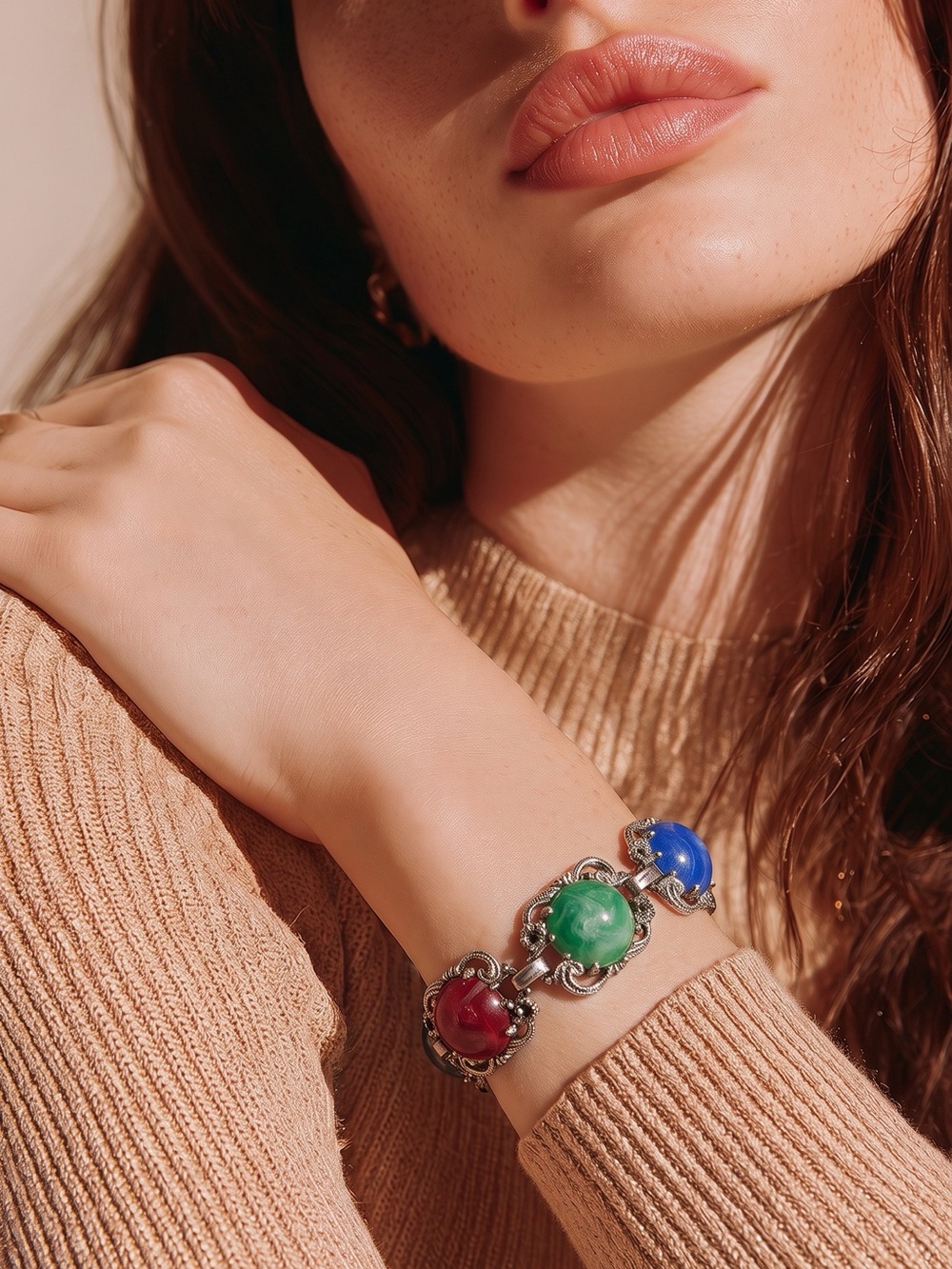 Vintage Silver-Tone Multi-Color Cabochon Bracelet